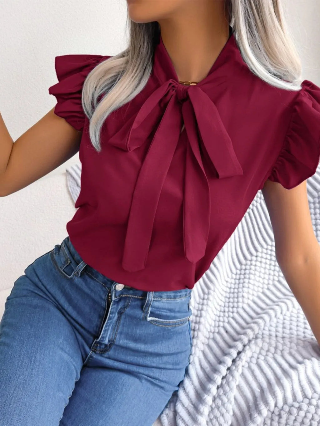Ruffle Cap Sleeve Bow Tie Blouse