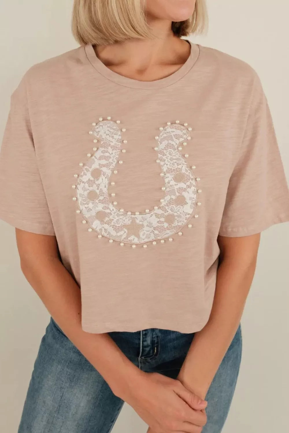 Horseshoe Lace Pearl Detail T-Shirt