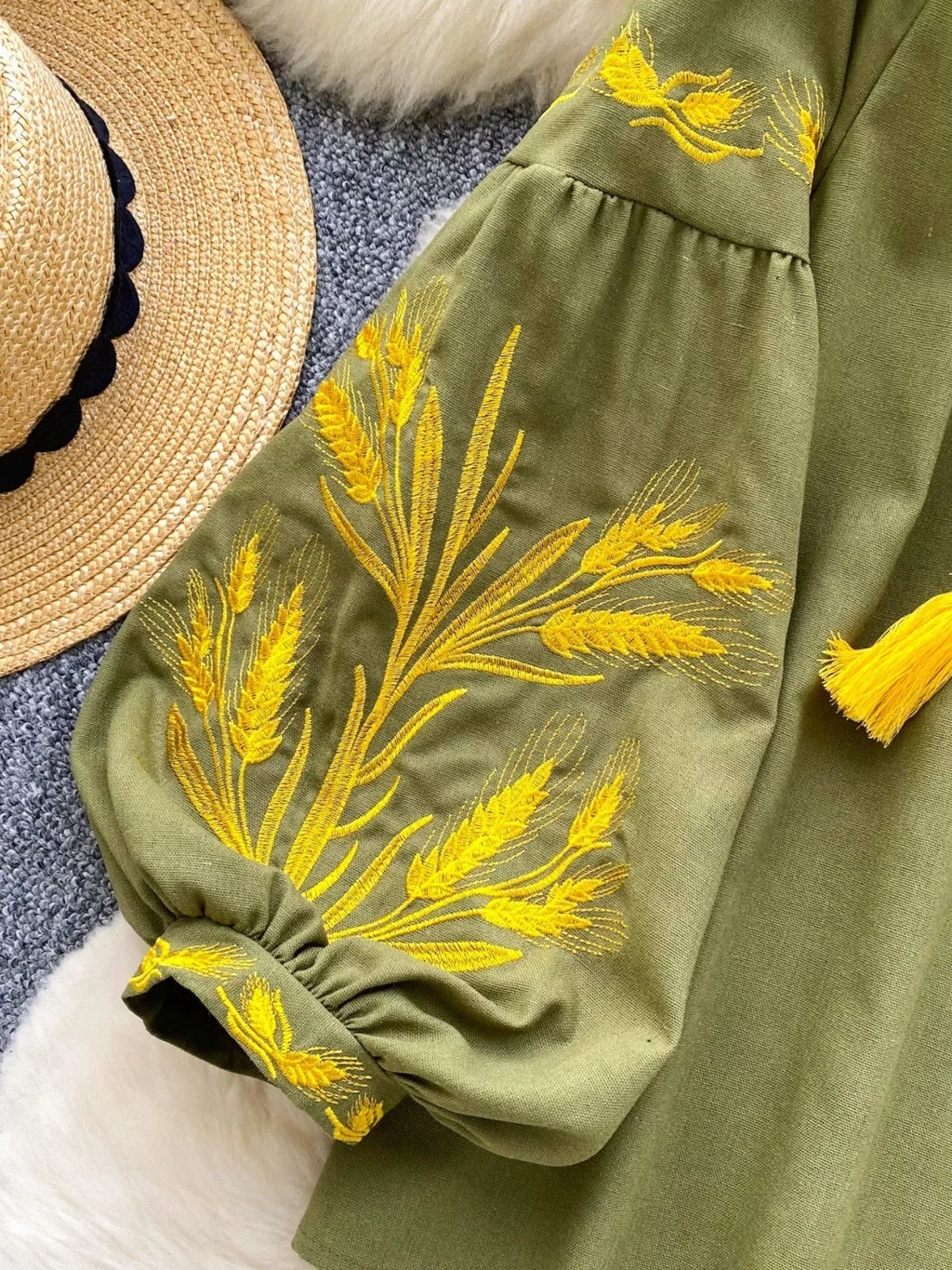Embroidered Wheat Pattern Tie Neck Blouse