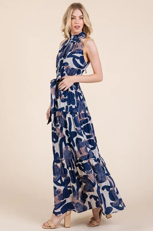 Lime 'N' Chili Abstract Halter Neck Tie-Waist Tiered Maxi Dress