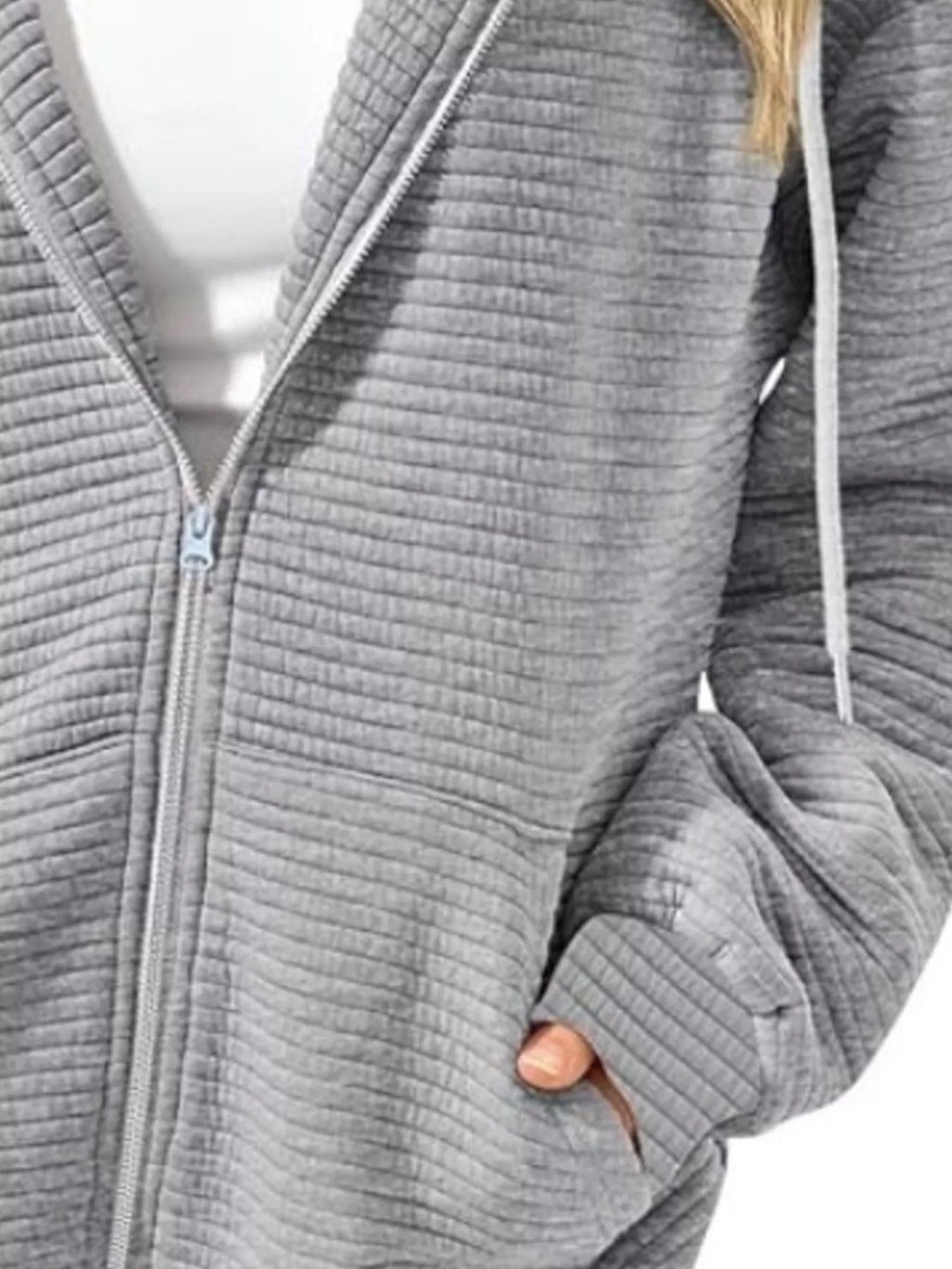 Drawstring Zip Up Dropped Shoulder Hoodie
