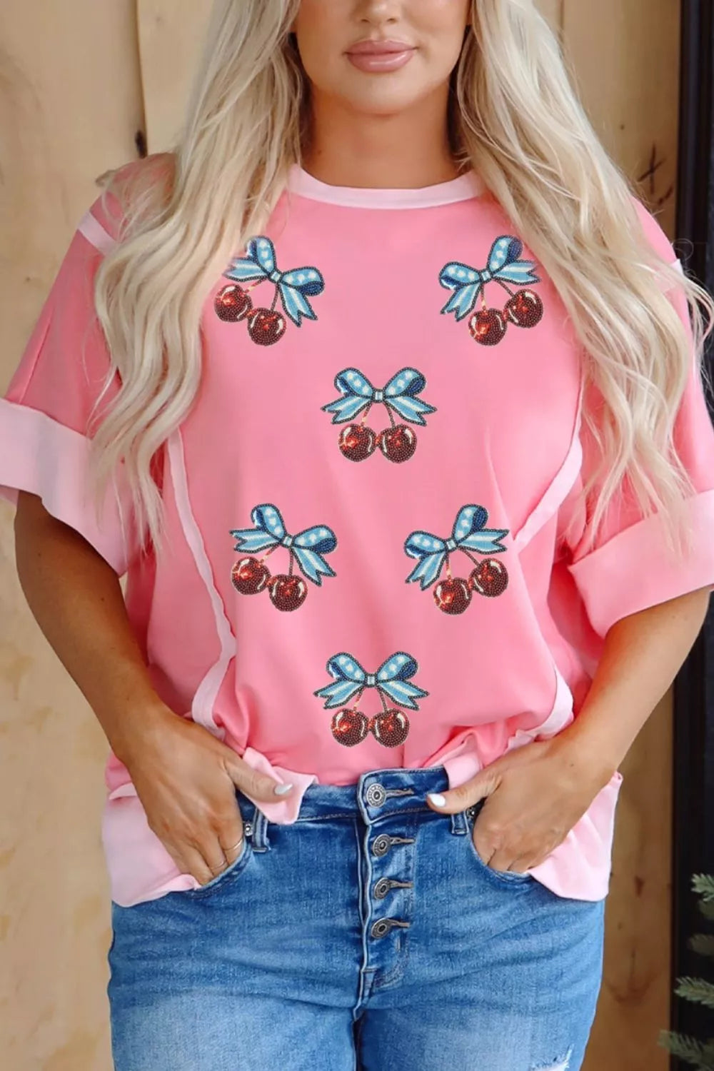 Raw Seam Color Block Sequin Cherry Graphic Casual Shift Top