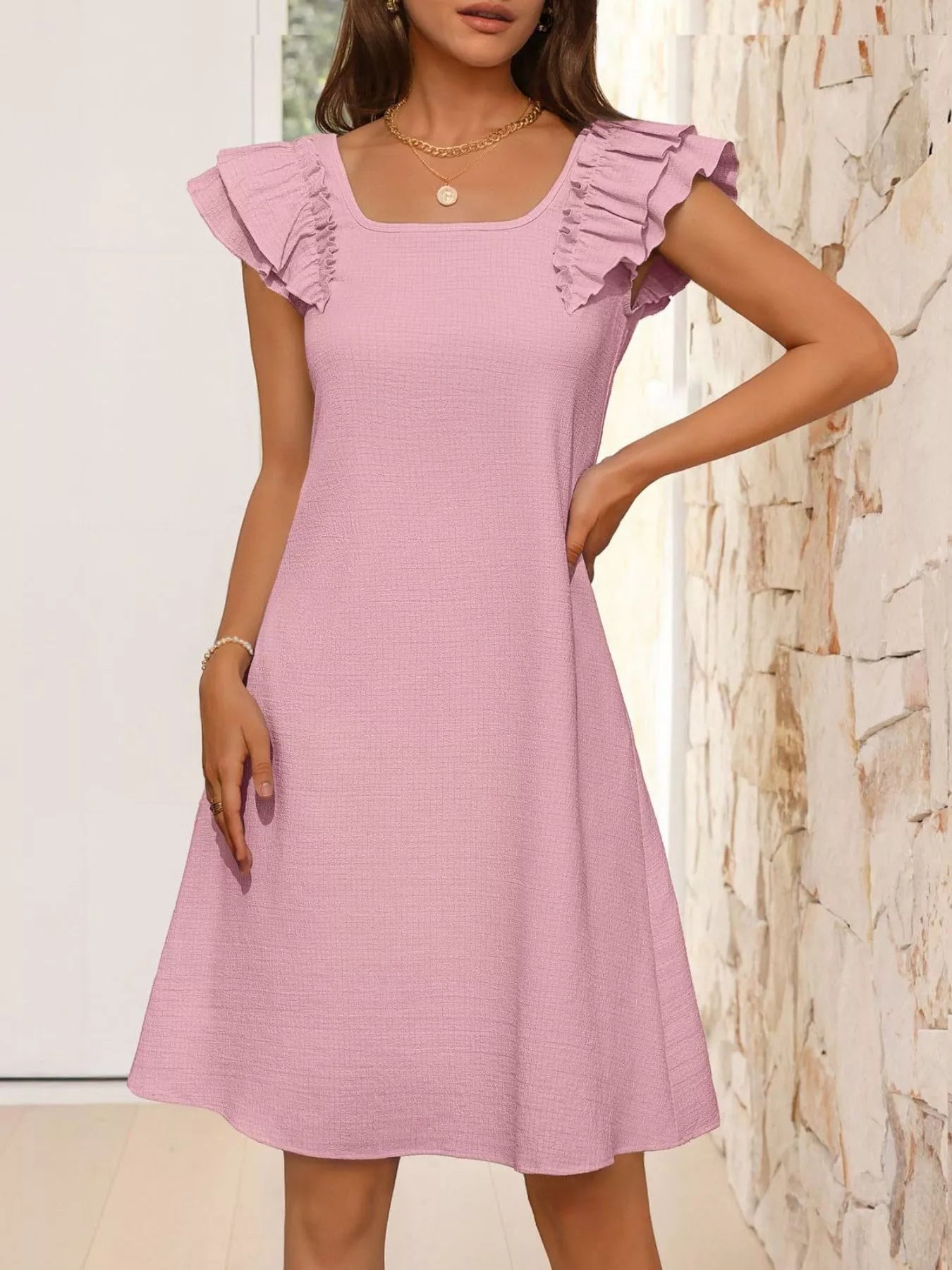 Ruffled Sleeve Square Neck Casual Dress