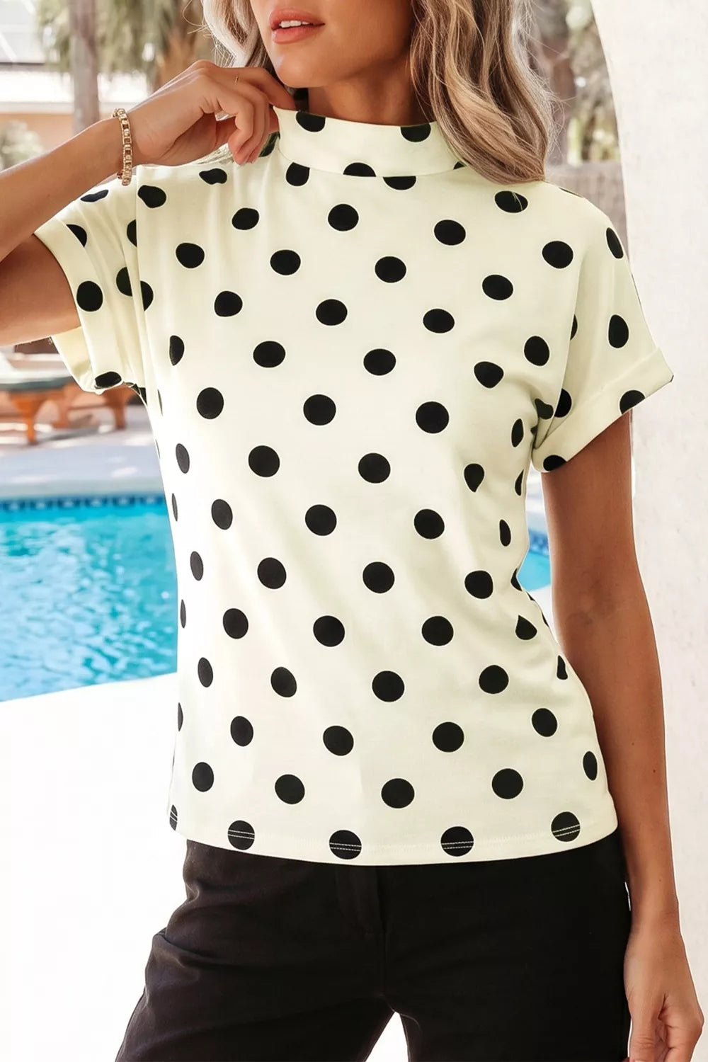 Polka Dot Mock Neck Short Sleeve Blouse