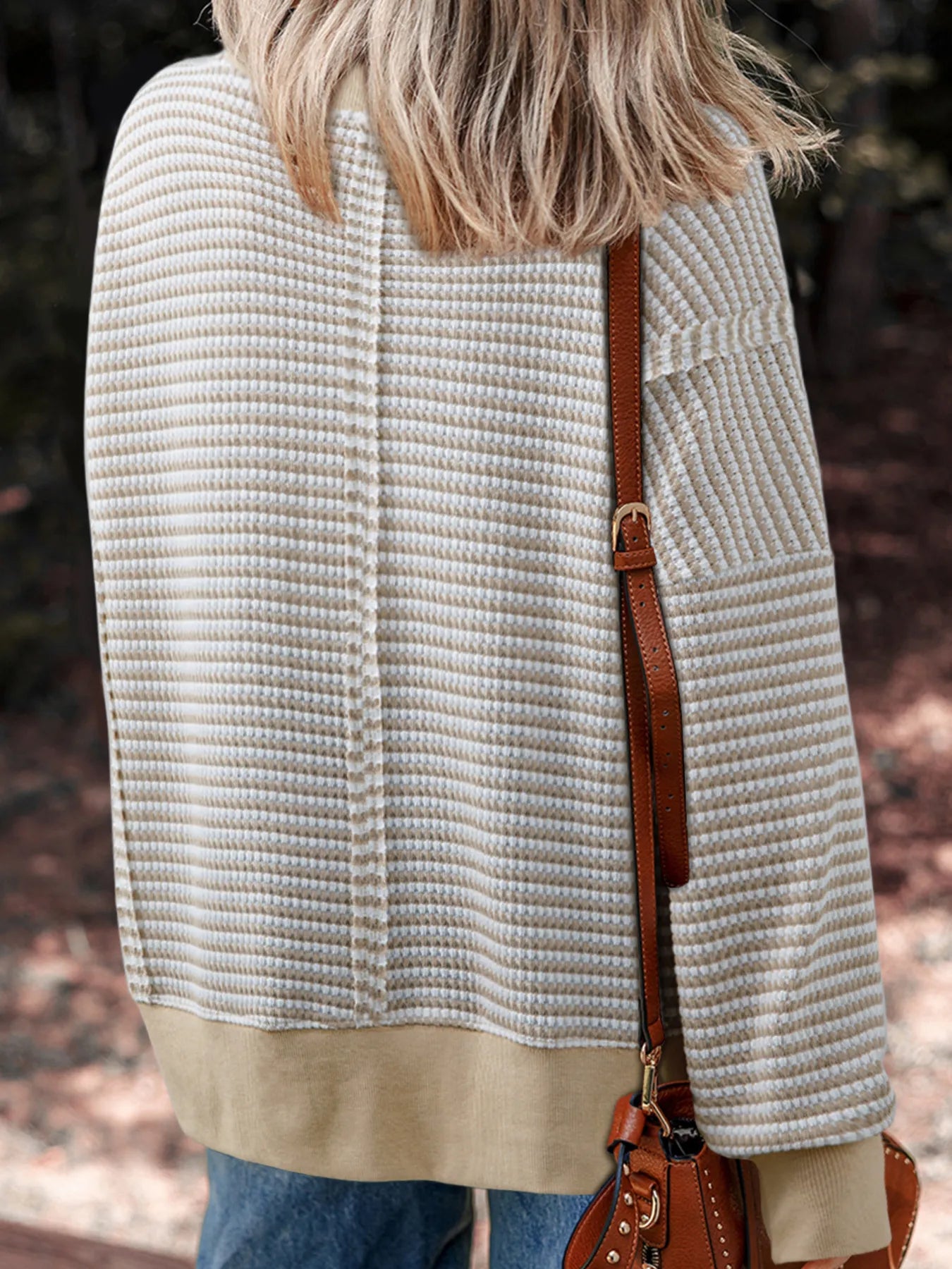 Stripe Ribbed Trim Drop Shoulder Long Sleeve Oversize Top