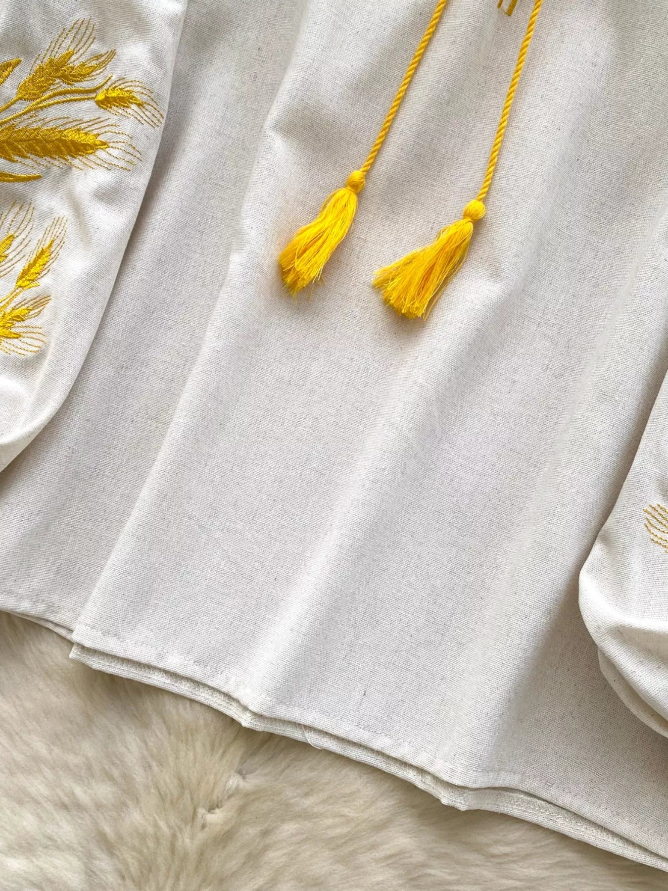 Embroidered Wheat Pattern Tie Neck Blouse
