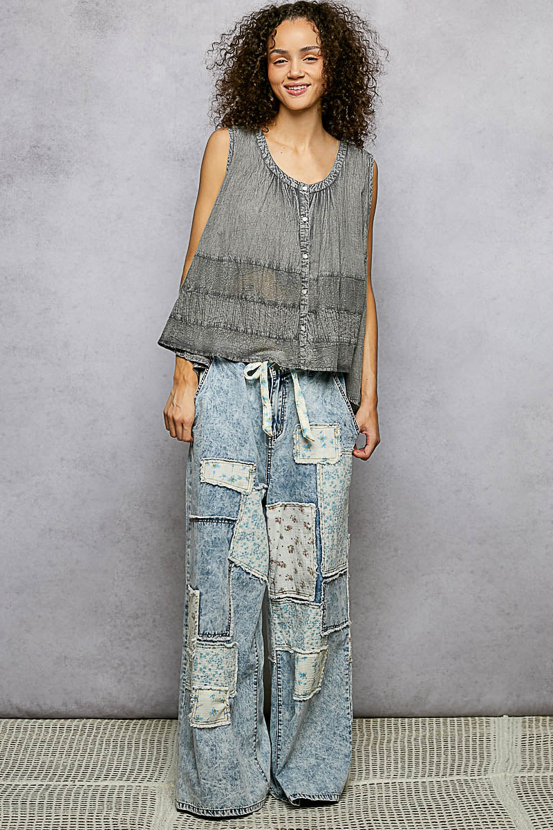 POL Button Down Round Neck Tank with Crochet Contrast