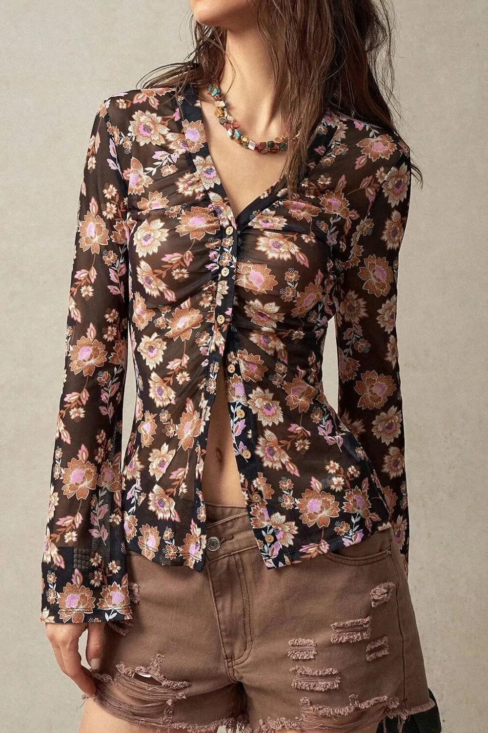 Floral  Button-Front Shirt with Bell Sleeves