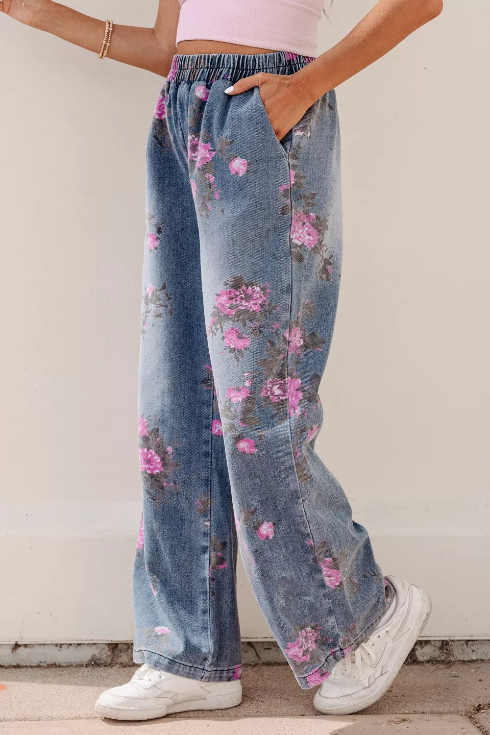 Floral Print Wide Leg Elastic Waist Jeans