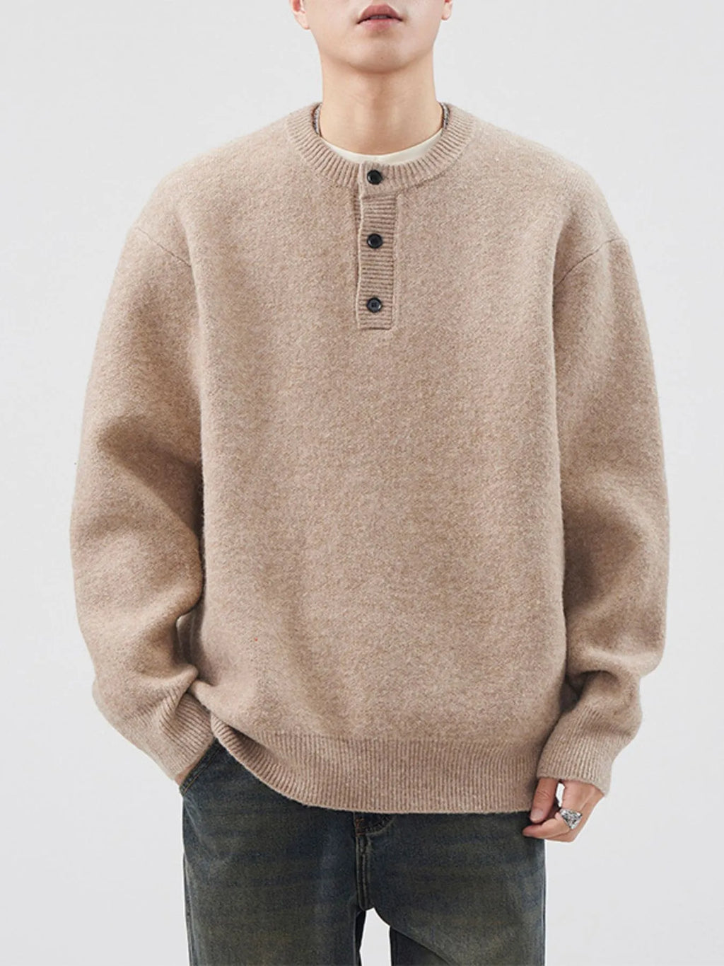 Men's Plus Size Button Detail Ribbed Hem Sweater