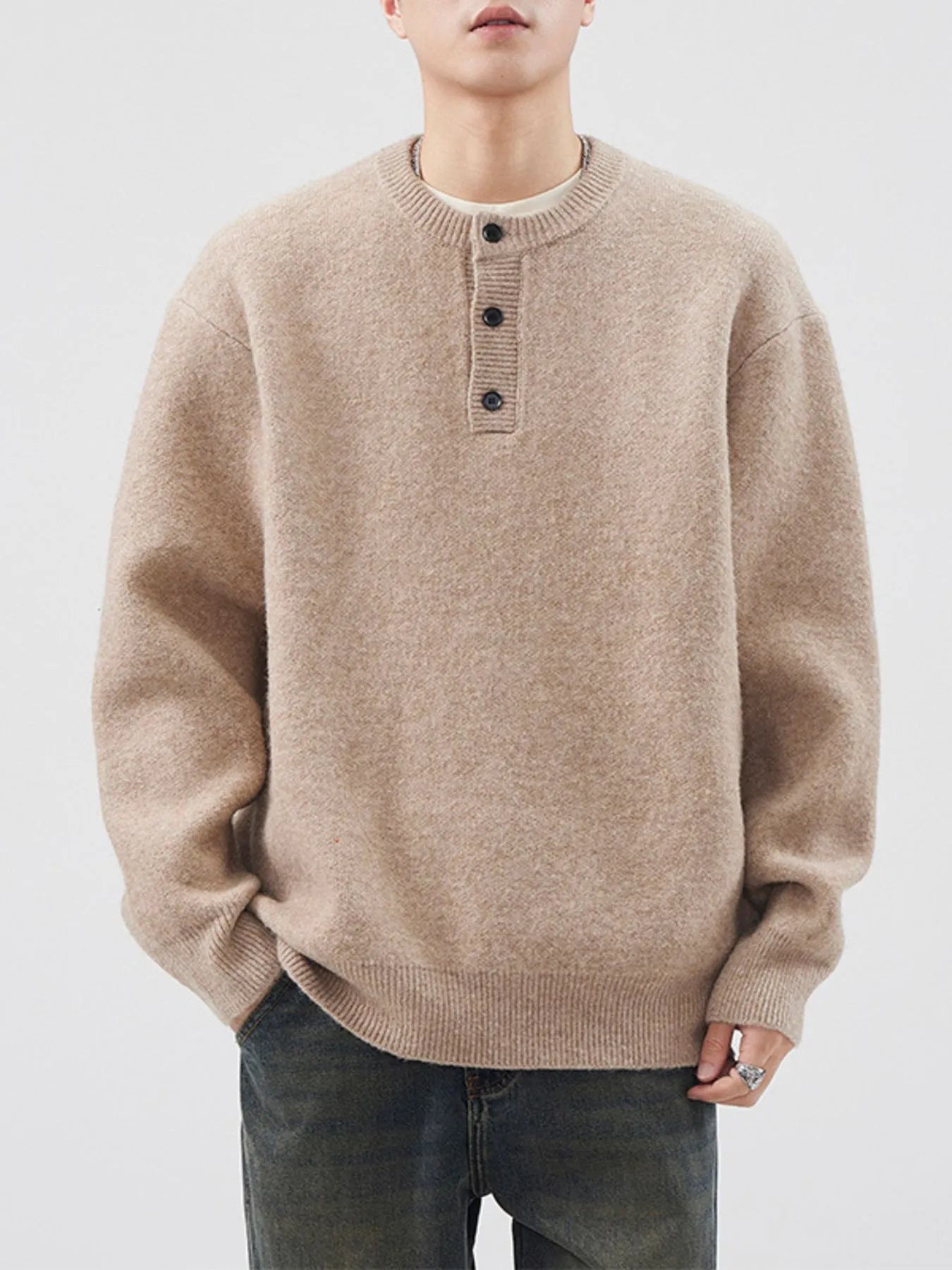 Men's Plus Size Button Detail Ribbed Hem Sweater
