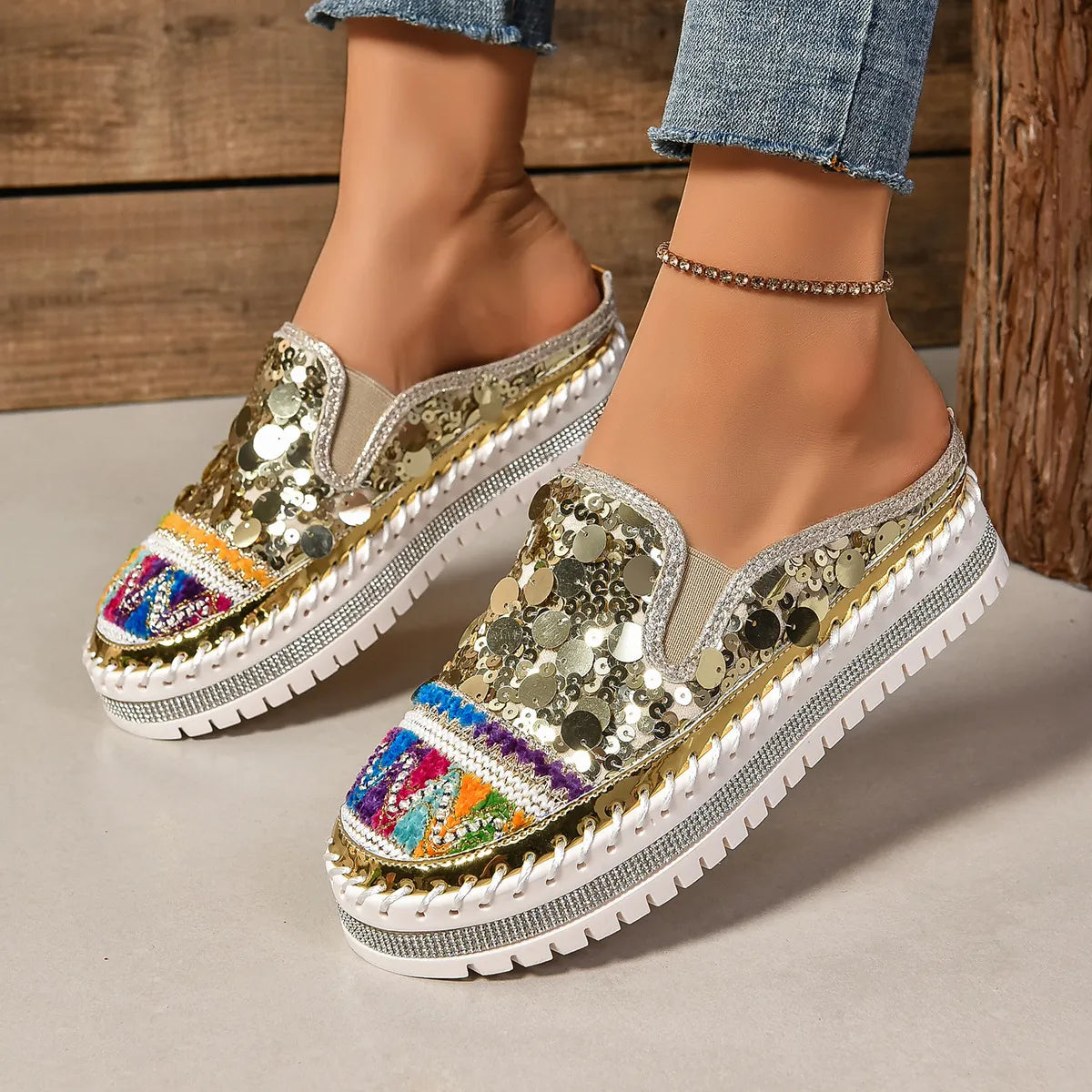 Sequin Round Toe Platform Loafers