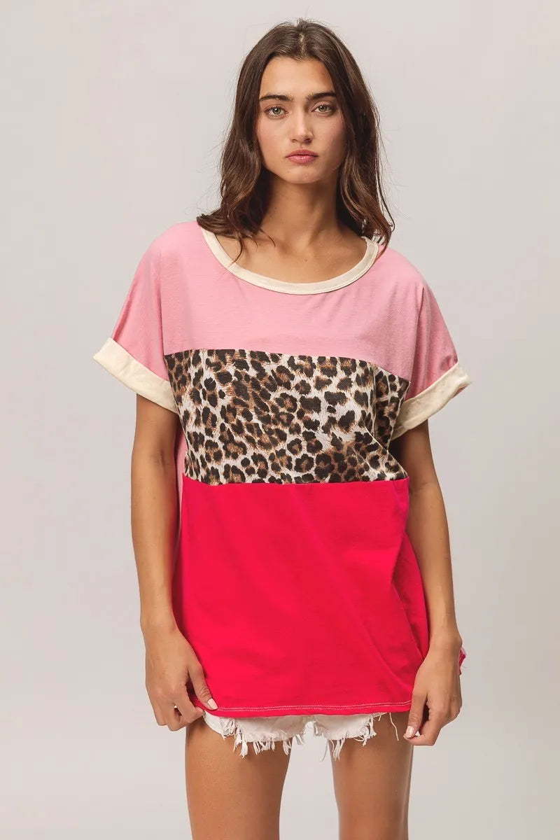 BiBi Leopard Printed Jersey  Color Block Roll Up