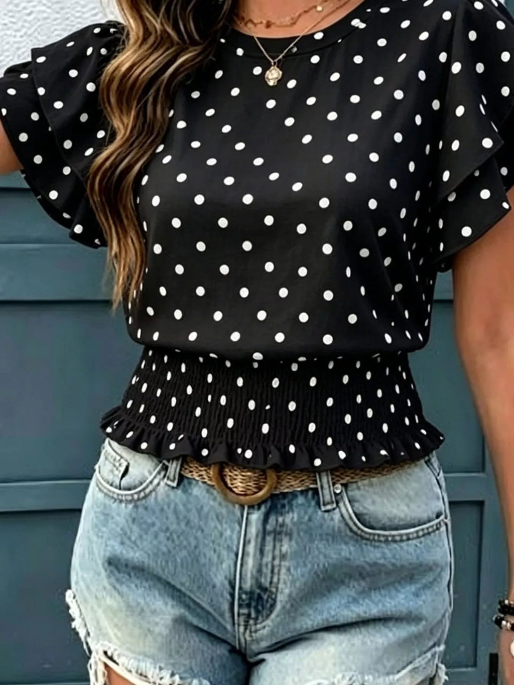 Polka Dot Ruffle Sleeve Blouse