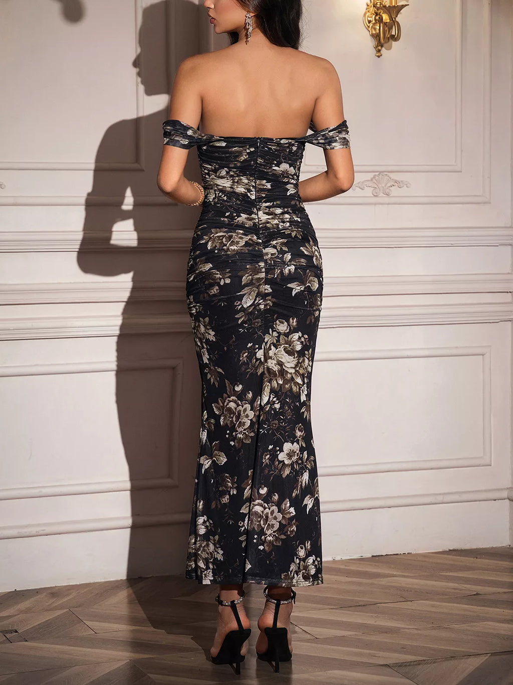 Off-Shoulder Ruched Floral Mermaid Dress