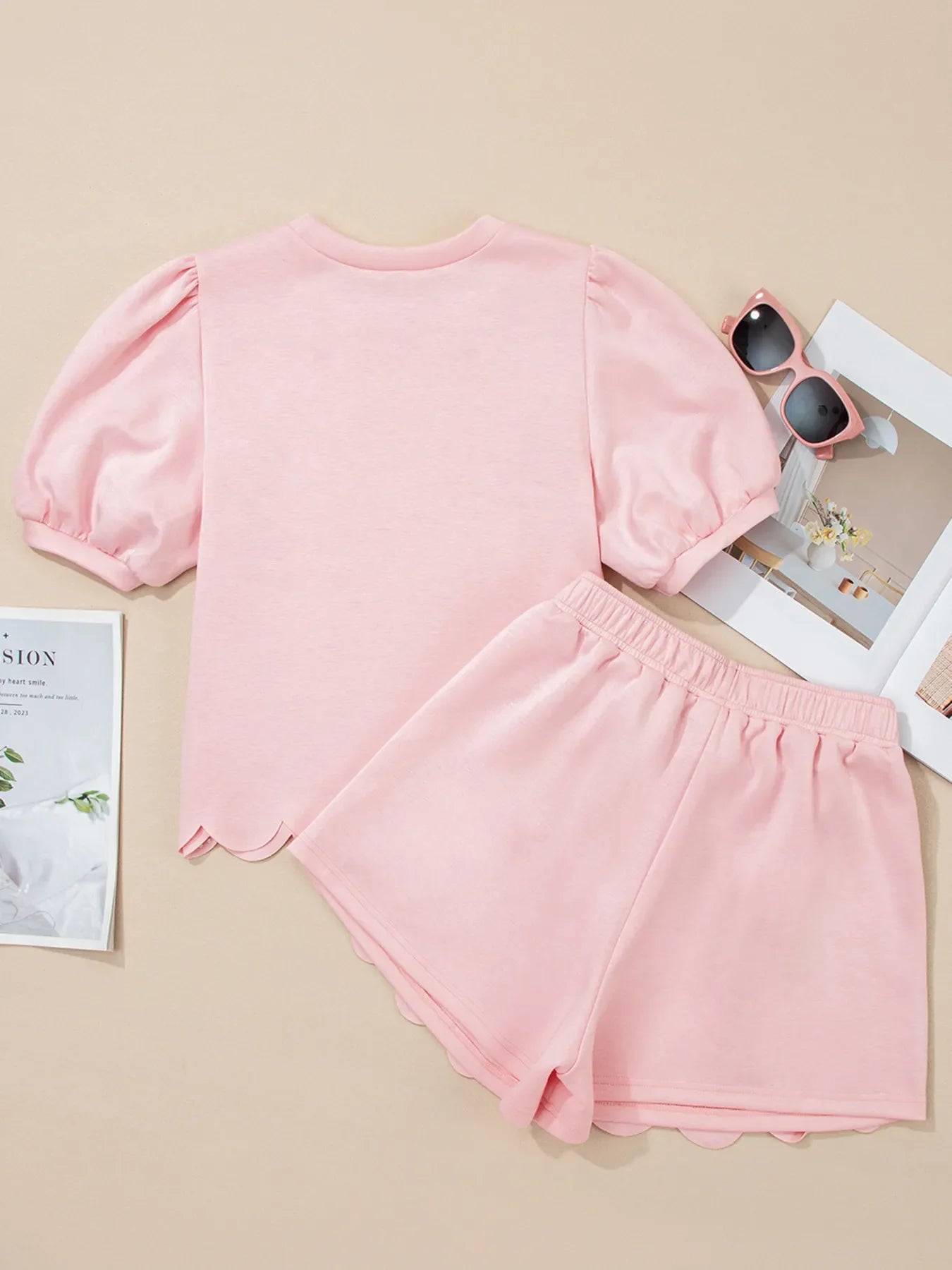 Puff Sleeve Pearl Embellished Scallop Trim Top and Skort Set