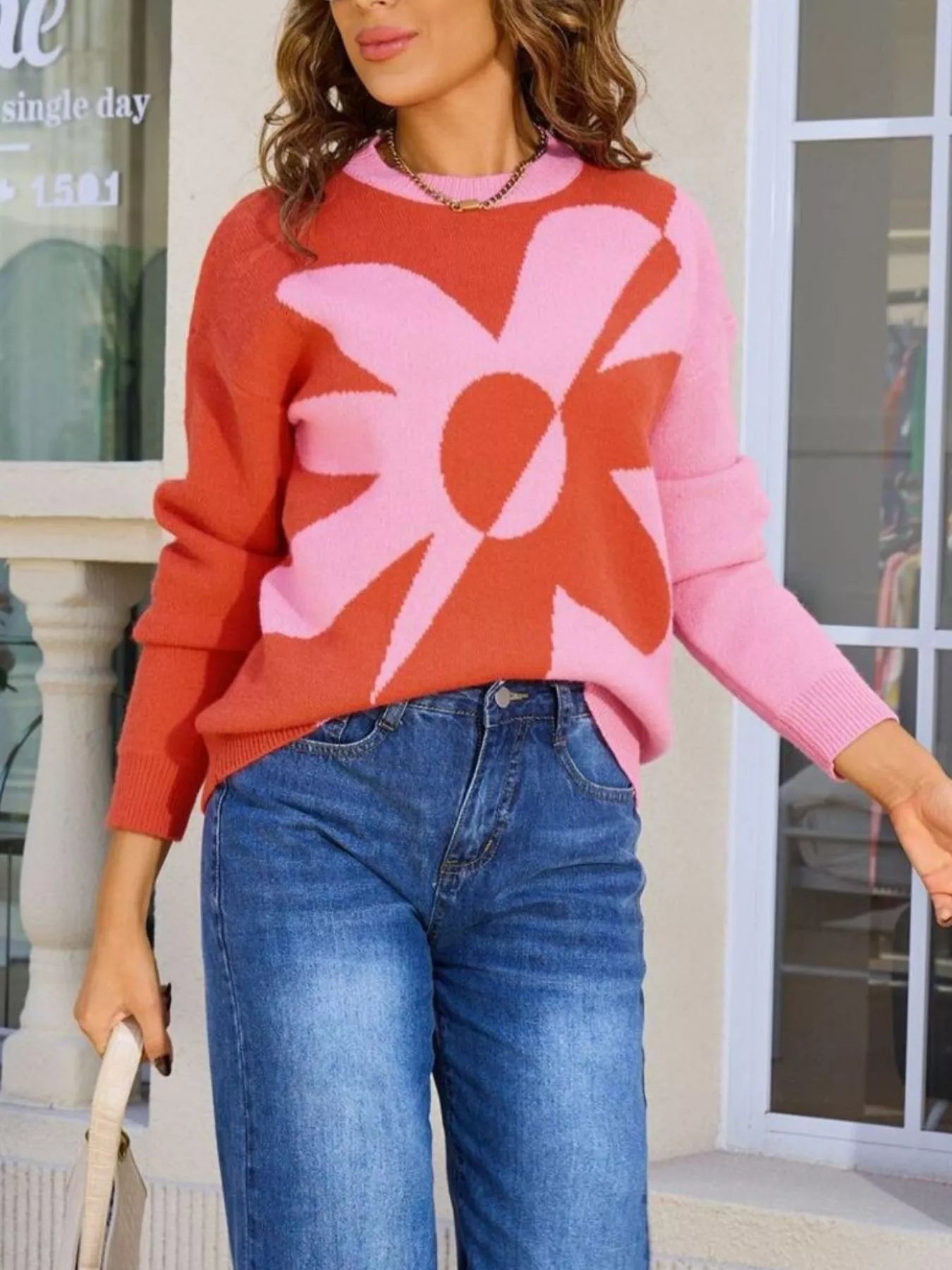 Floral Pattern Color Block Sweater