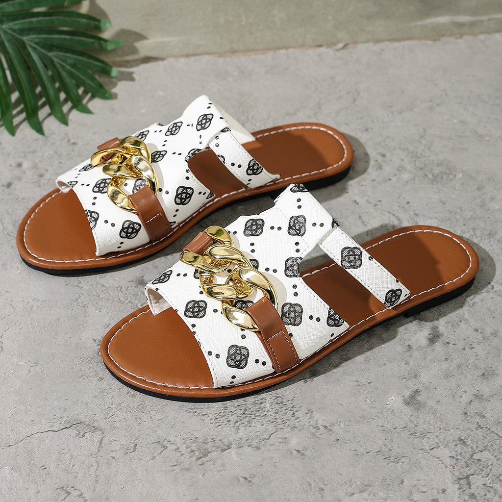 Chain-Decorated Patterned Slide Sandals