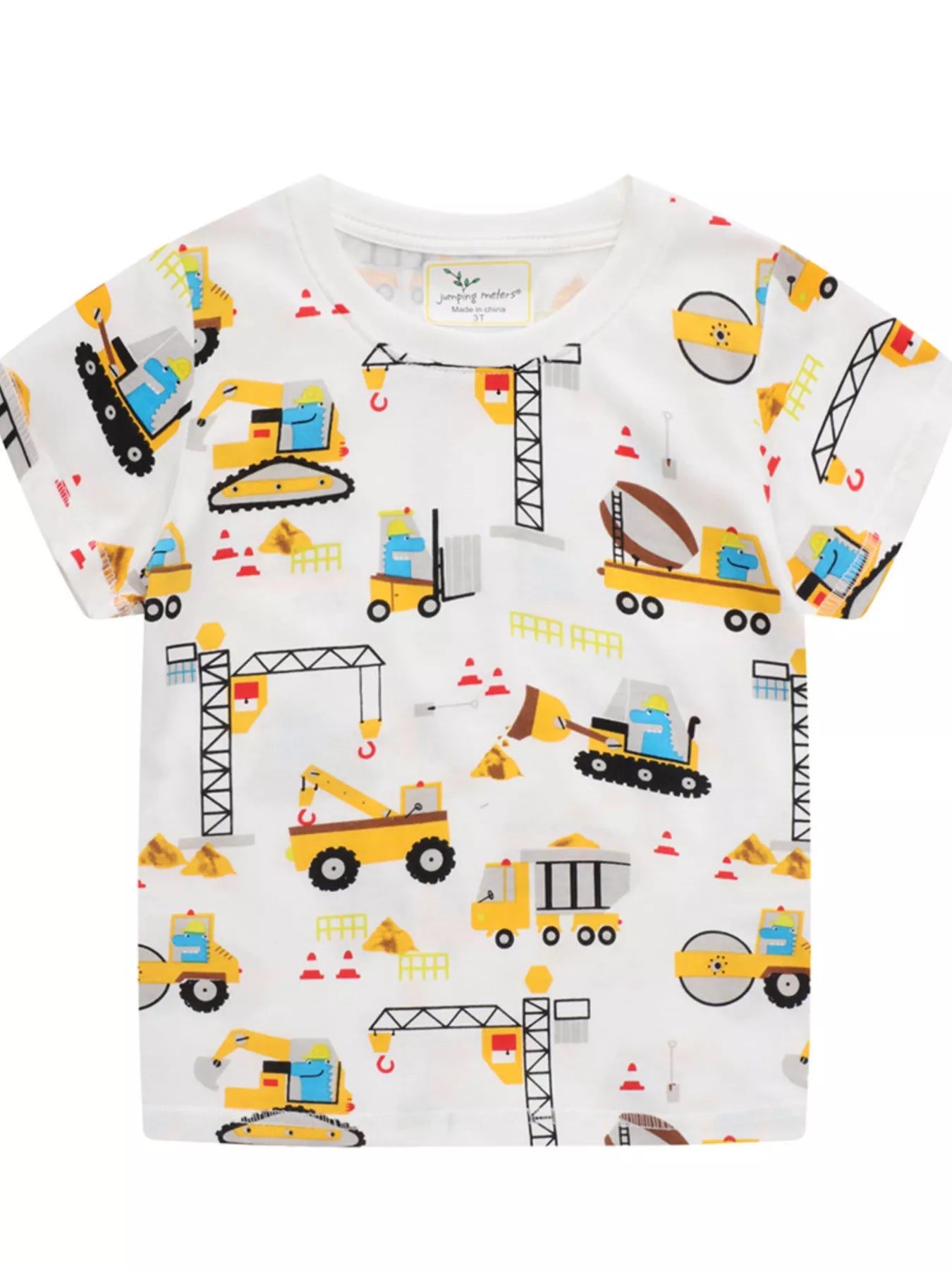 Children's Construction Vehicle Print Crew Neck Short Sleeve T-Shirt