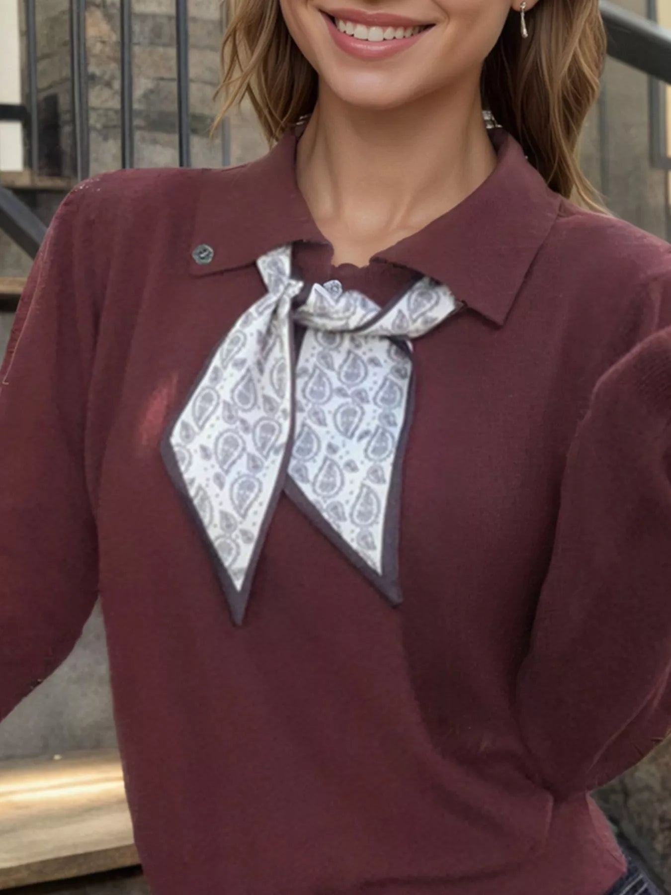 Scarf-Accented Long Sleeve Sweater