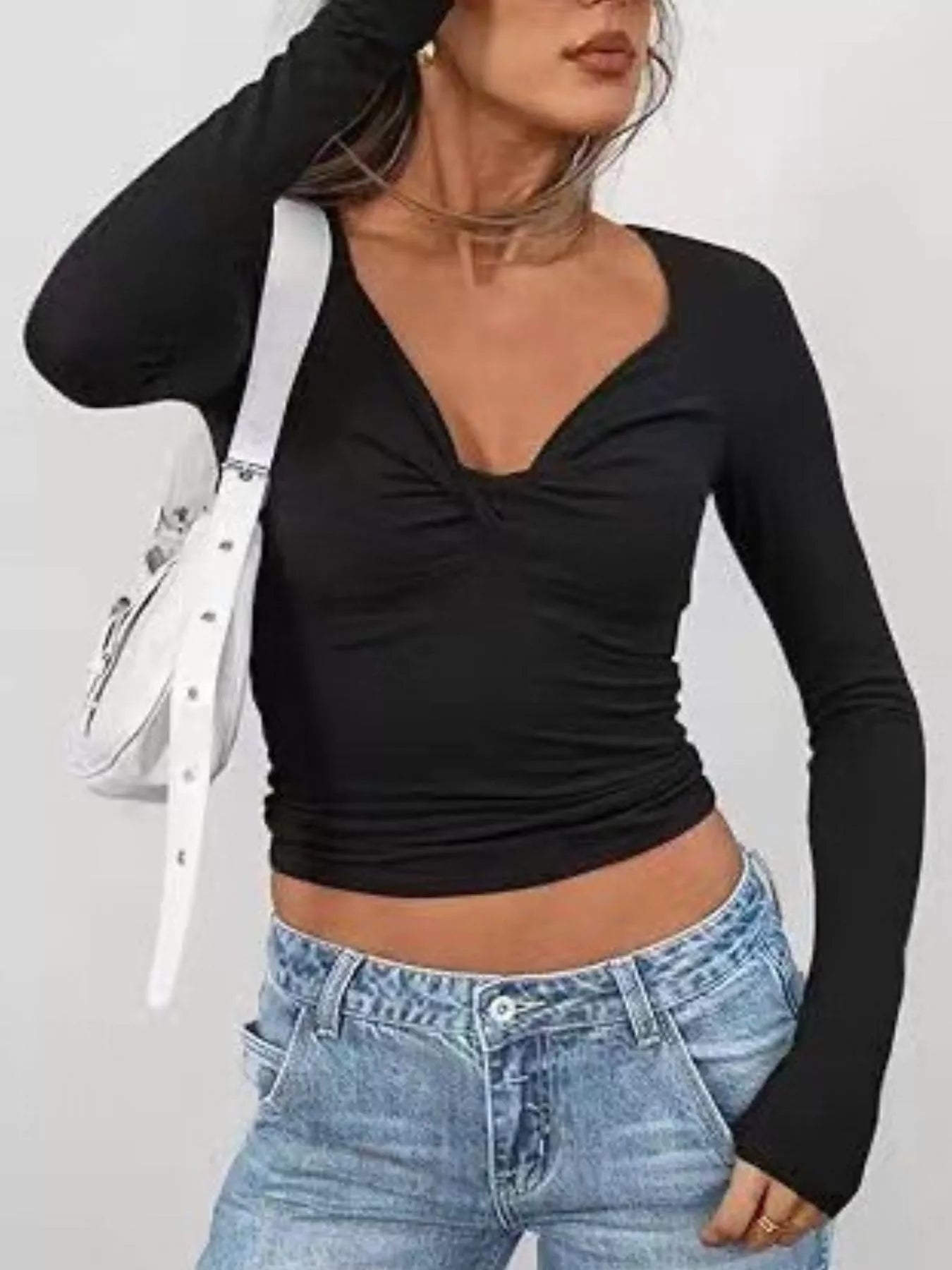 Twist Front Long Sleeve Fitted T-Shirt