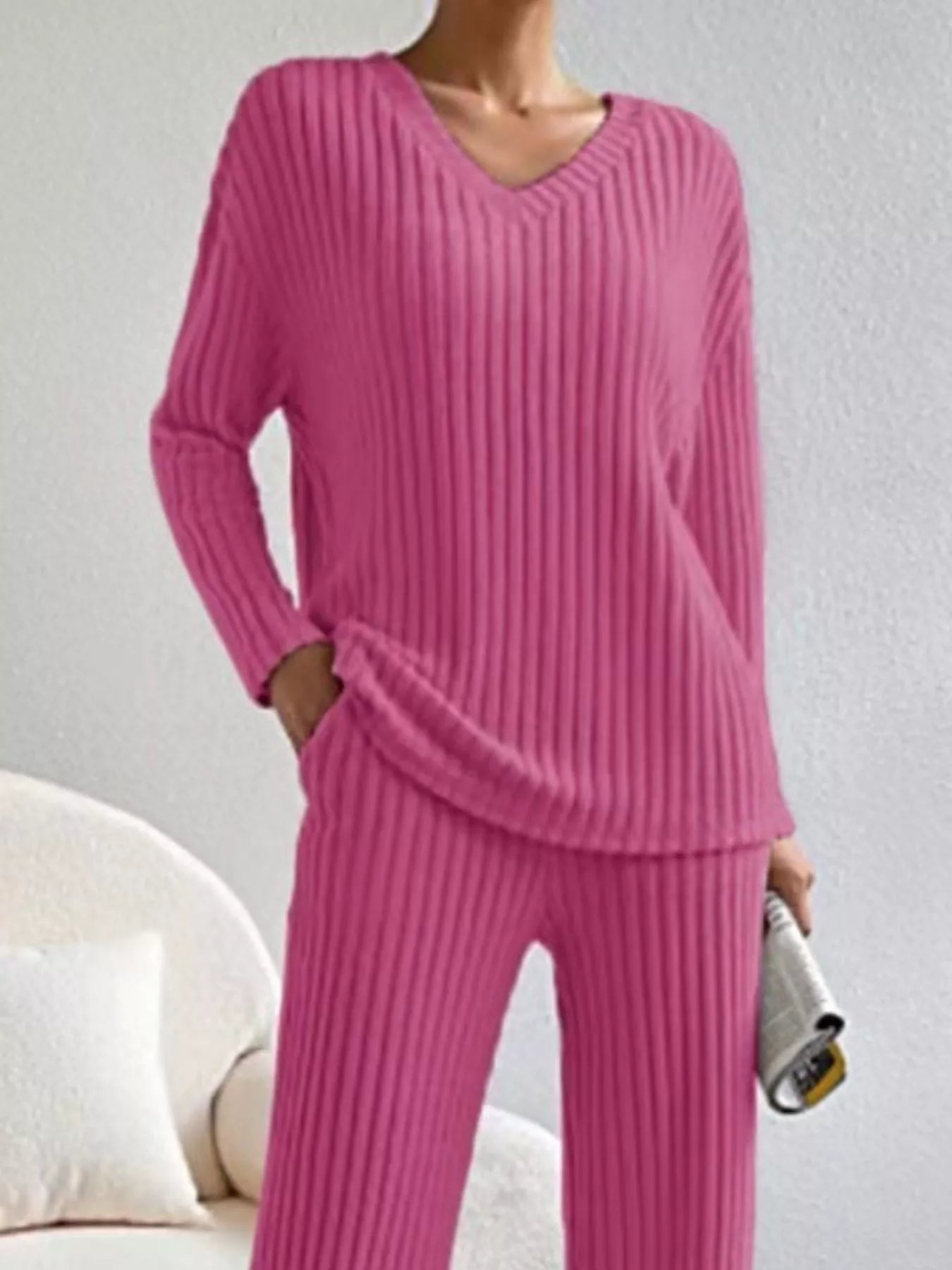 Ribbed Knit V-Neck Top and Pants Set