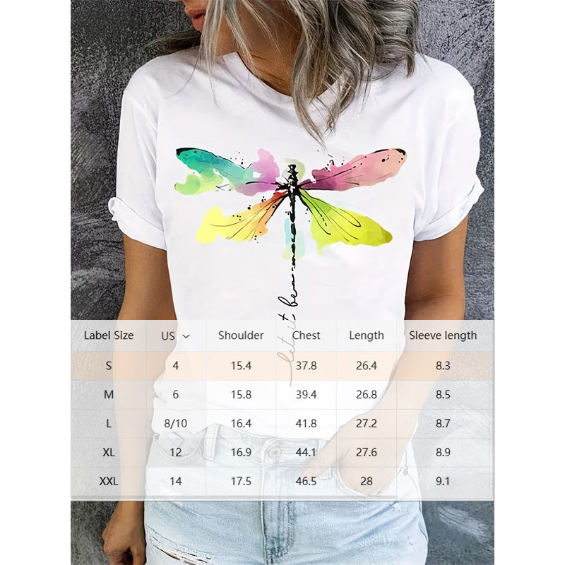 Short Sleeve T-Shirt Dragonfly Pattern Casual Round Neck Tee