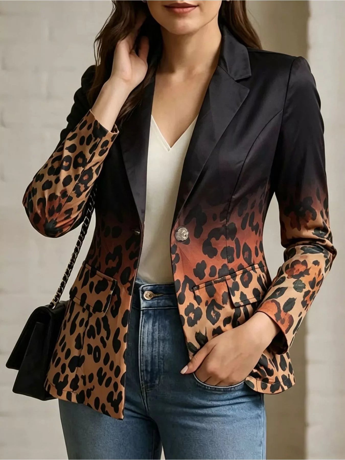 Leopard Print Contrast Long Sleeve Blazer