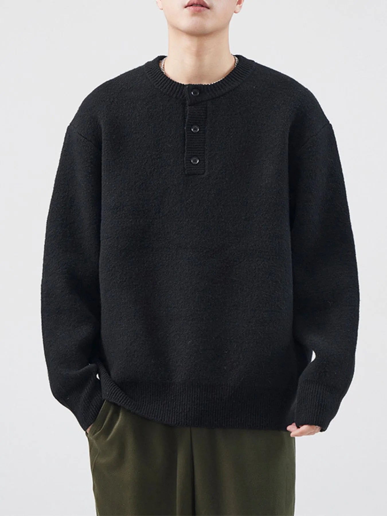 Men's Plus Size Button Detail Ribbed Hem Sweater