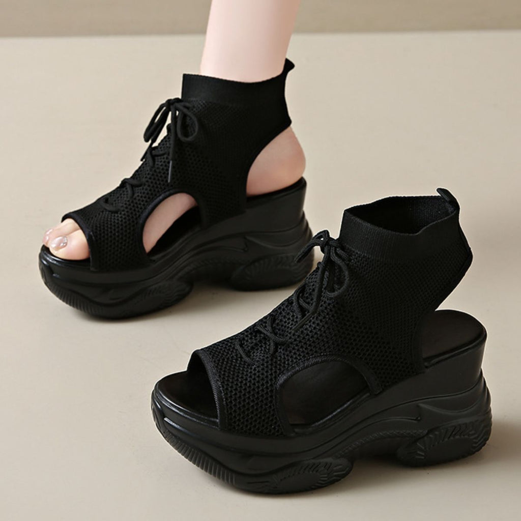 Cutout Mesh Wedge Sandals