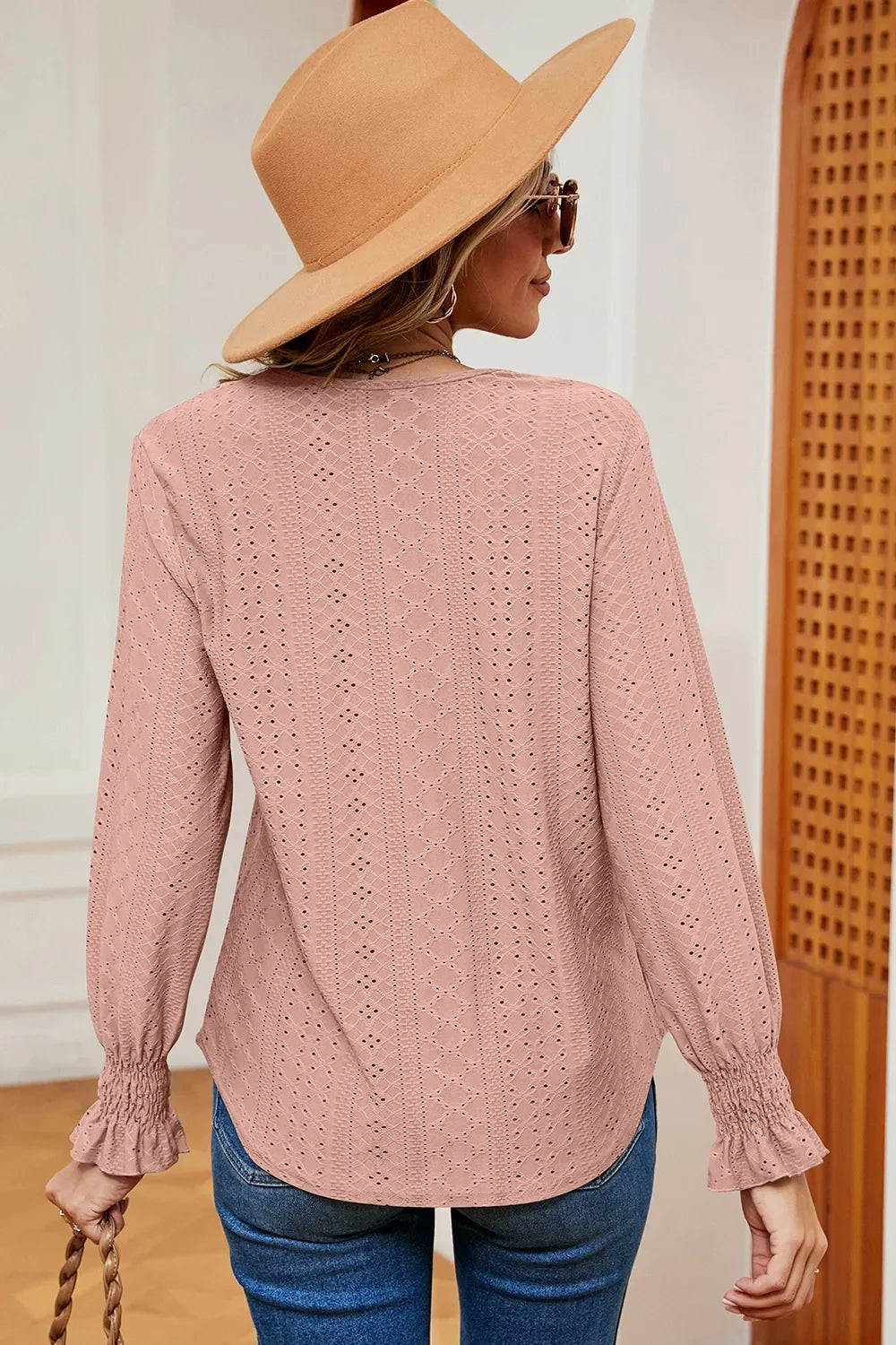 Eyelet V-Neck Flounce Sleeve T-Shirt