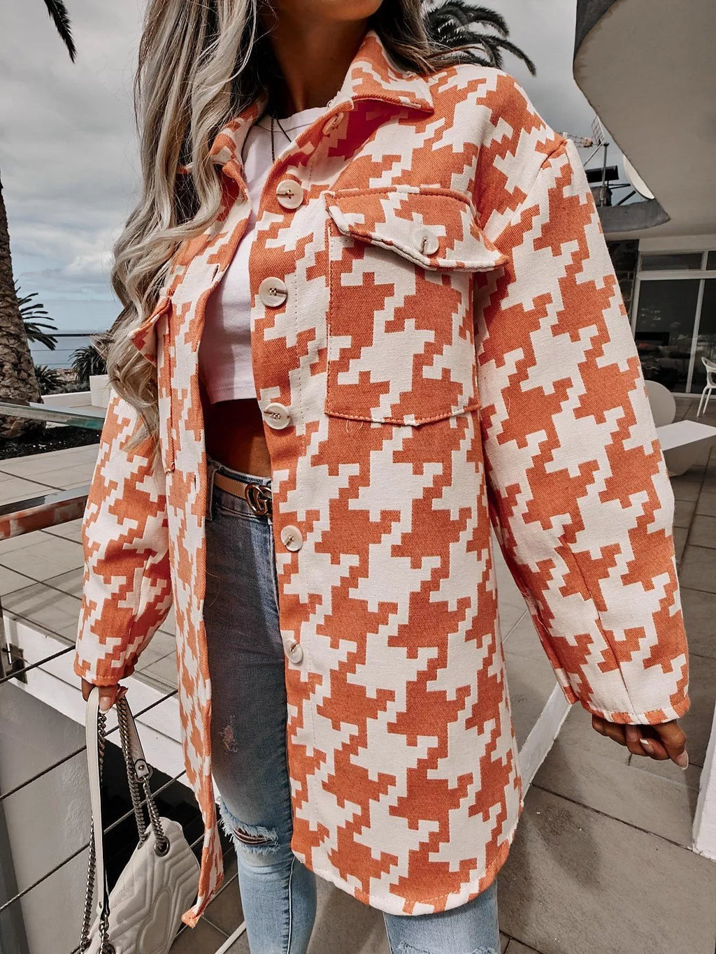 Houndstooth Button Up Long Sleeve Outerwear