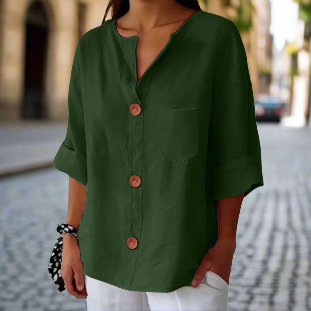 Women’s Loose V Neck T Shirt – Cotton Linen Button Top