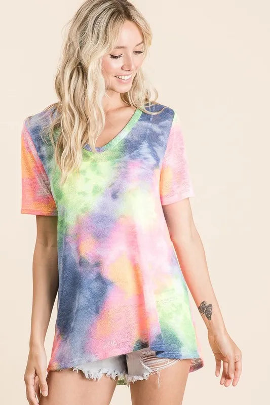 BiBi Tie Dye Print Low Gauge Deep U Neck Top