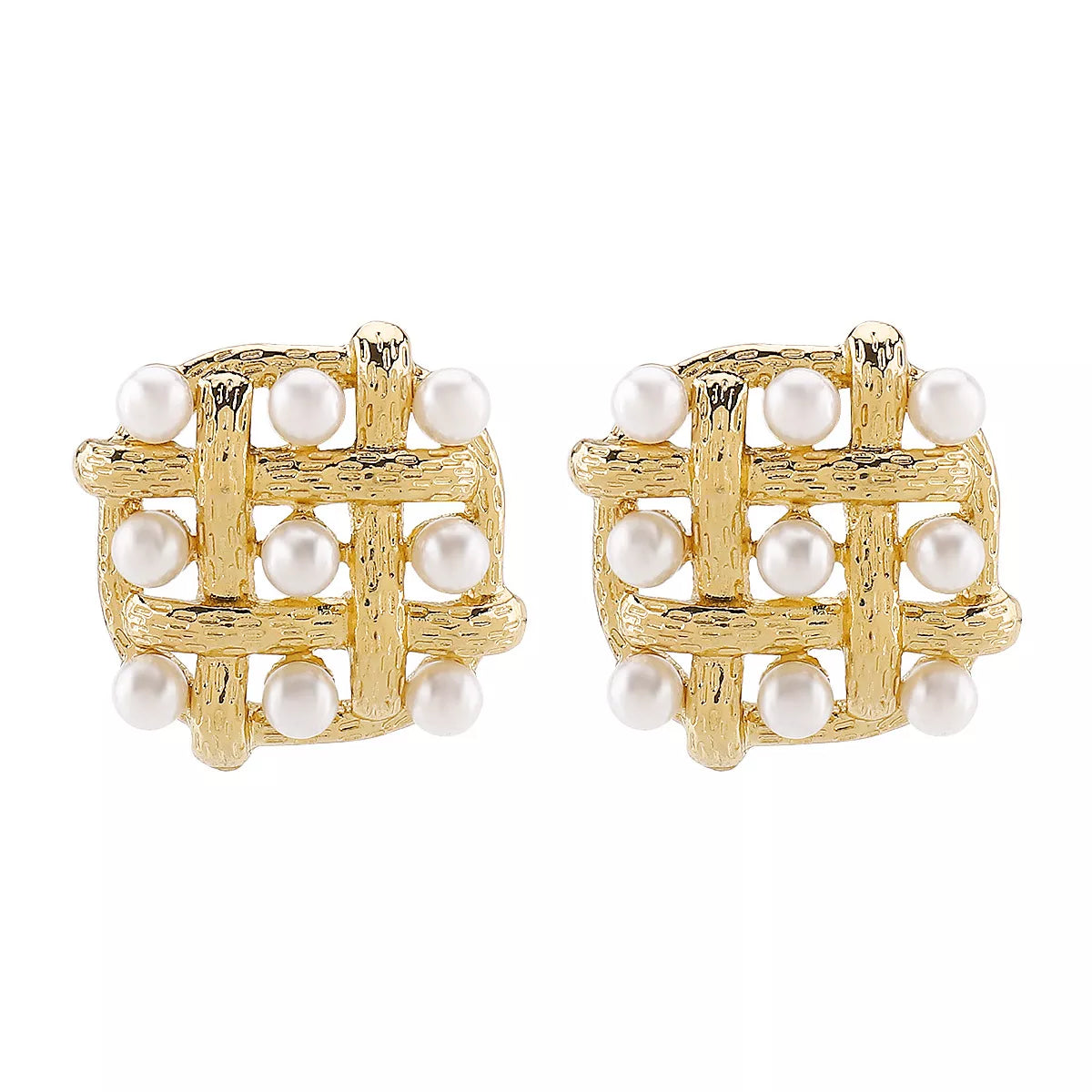 Pearl Grid Square Stud Earrings