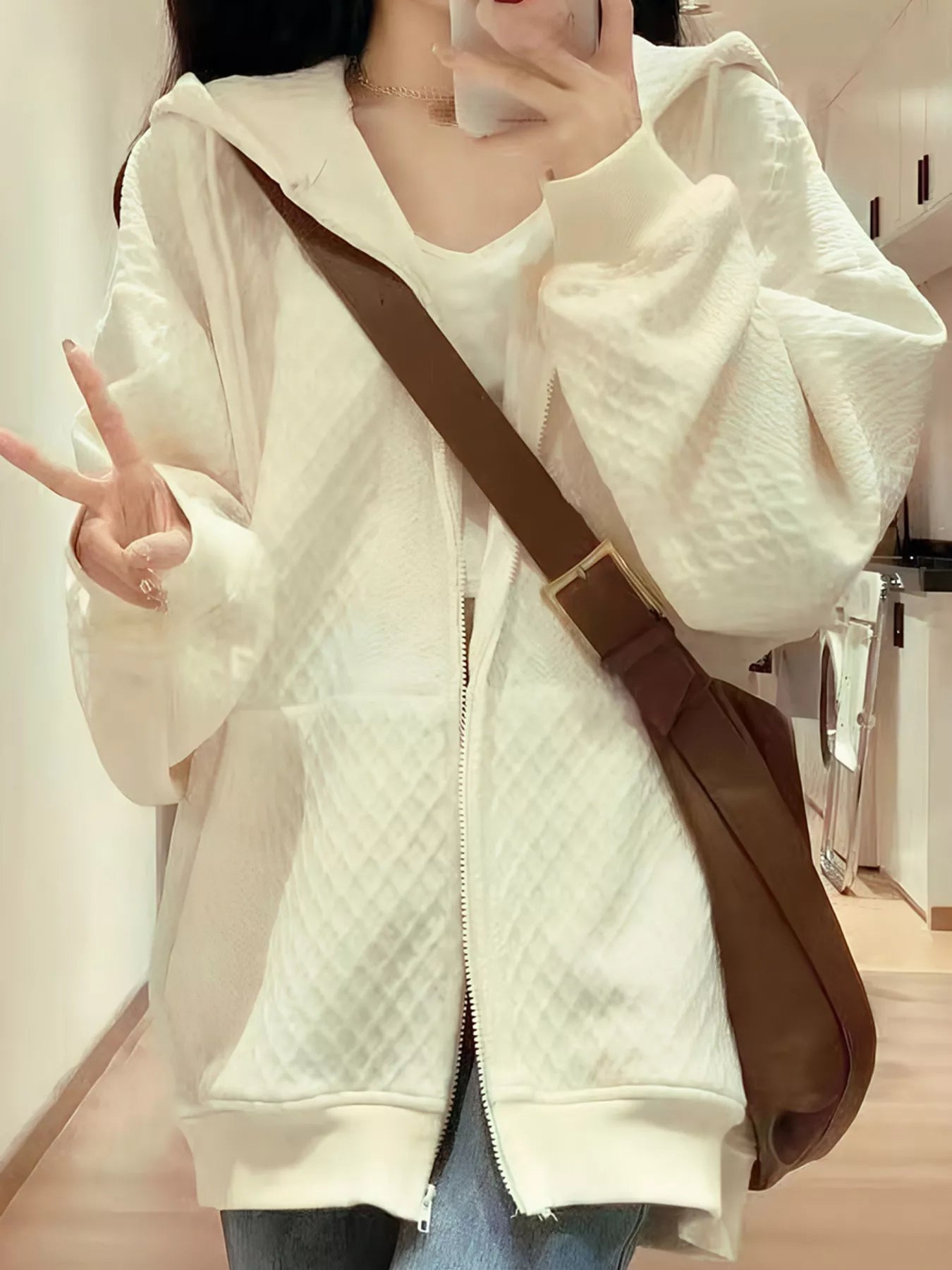 Textured Knit Zip-Up Hoodie