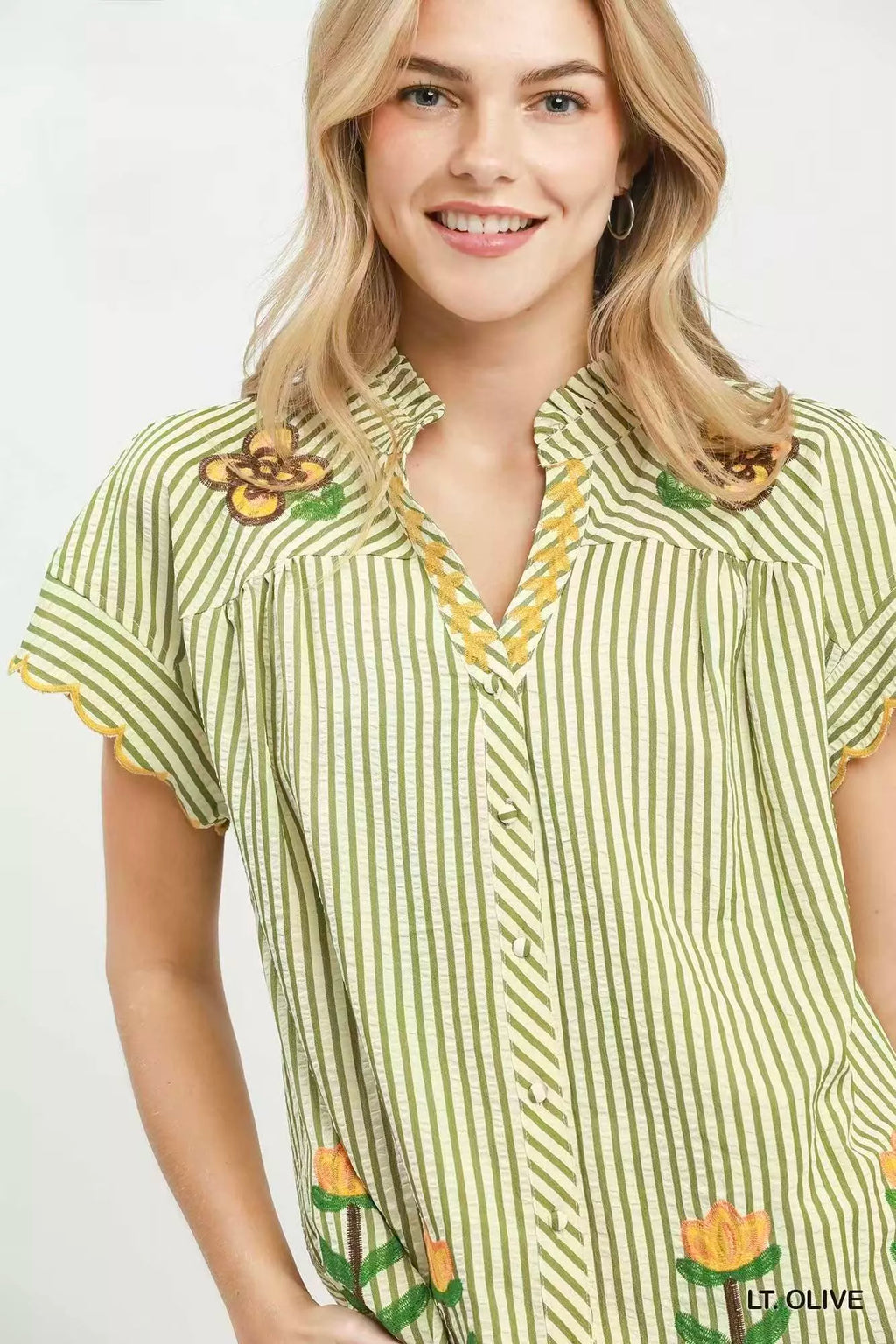 Umgee Embroidered Stripe Button Front Top
