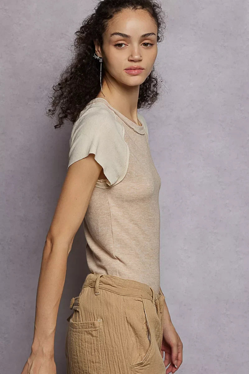 POL Outseam Detail Ribbed T-Shirt with Contrast Color Sleeves