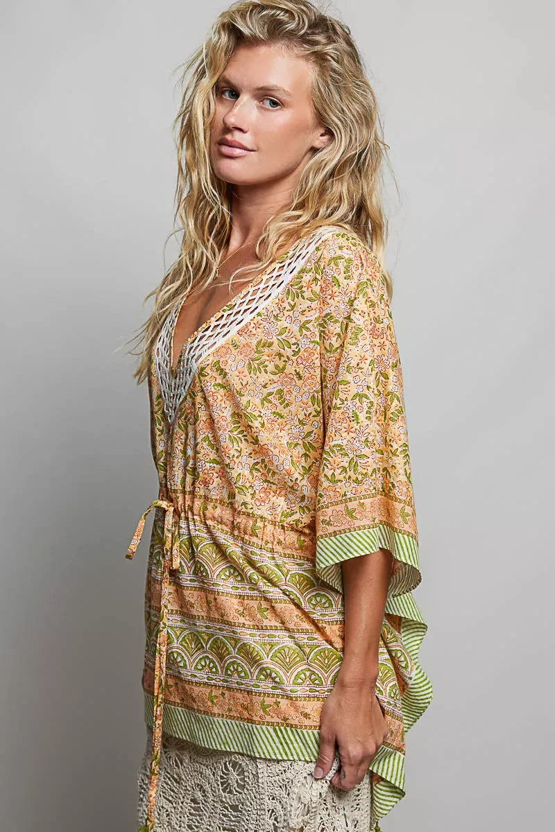 POL Block Print Floral Tie Front Boho Blouse