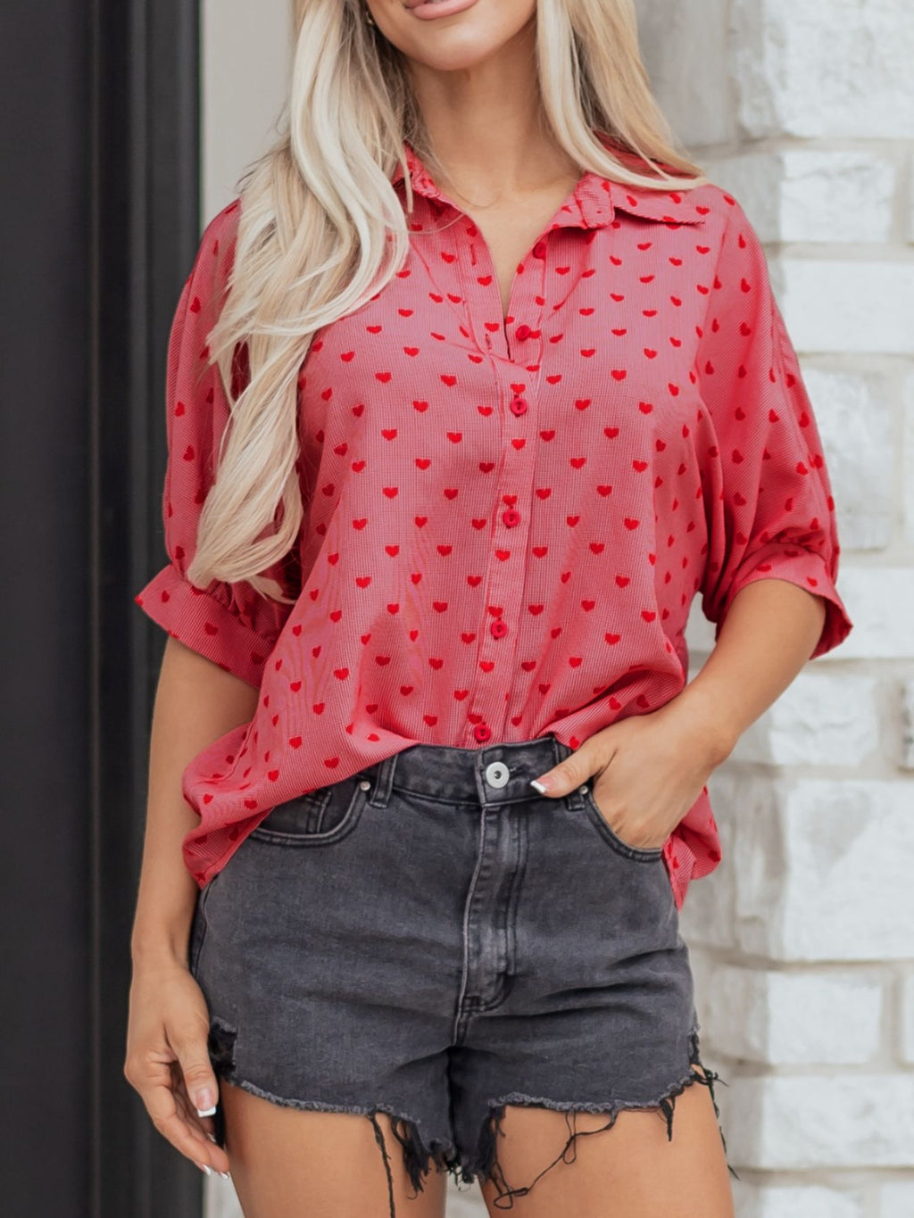 Heart Print Button-Down Shirt