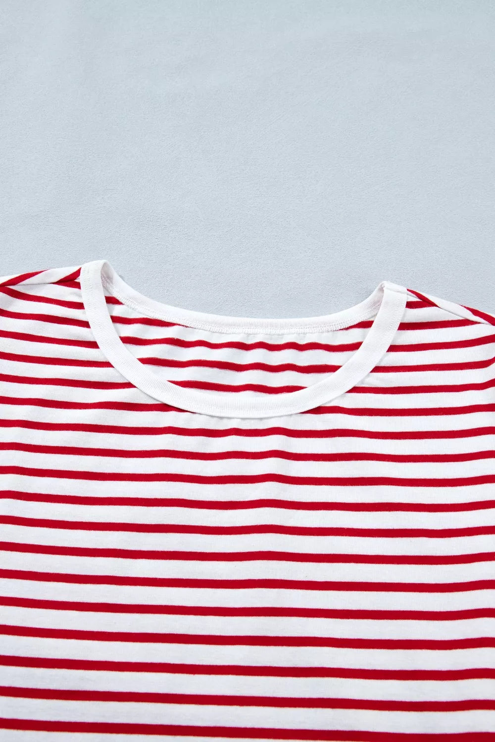 Stripe Contrast Trim Round Neck Short Puff Sleeve T Shirt