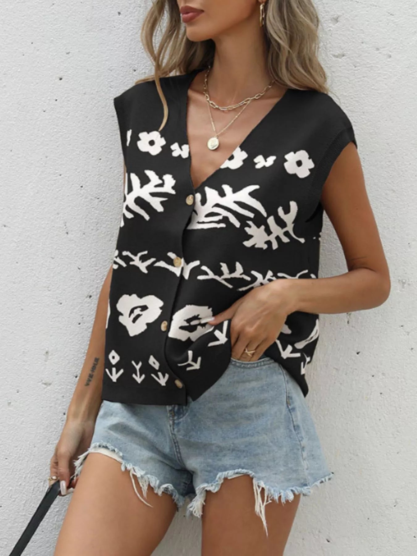 Floral V-Neck Cap Sleeve Cardigan