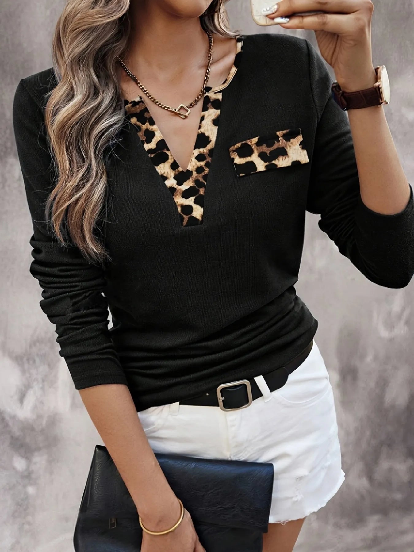 Leopard Trim Long Sleeve T-Shirt