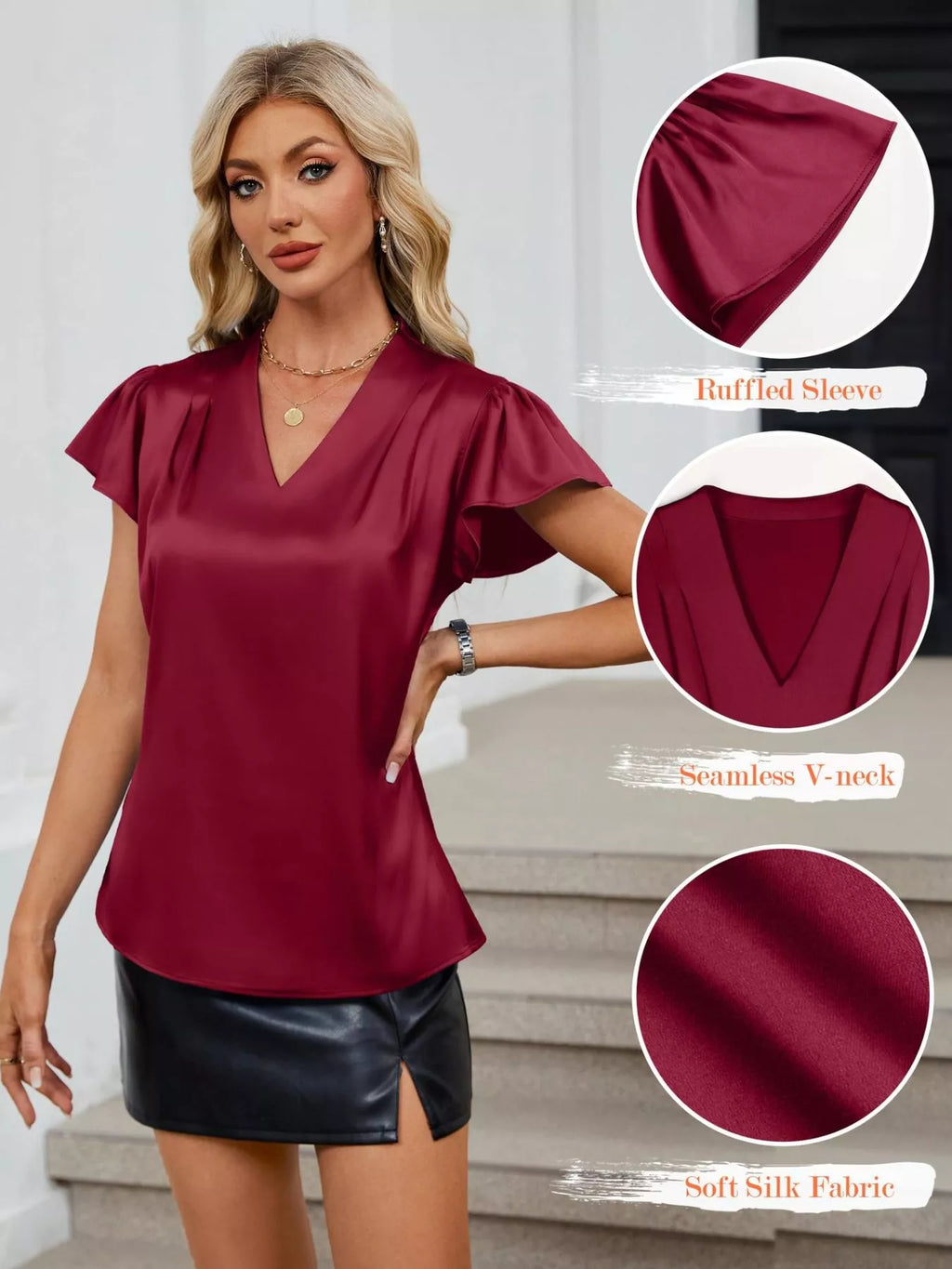 Satin V-Neck Flutter Sleeve Blouse