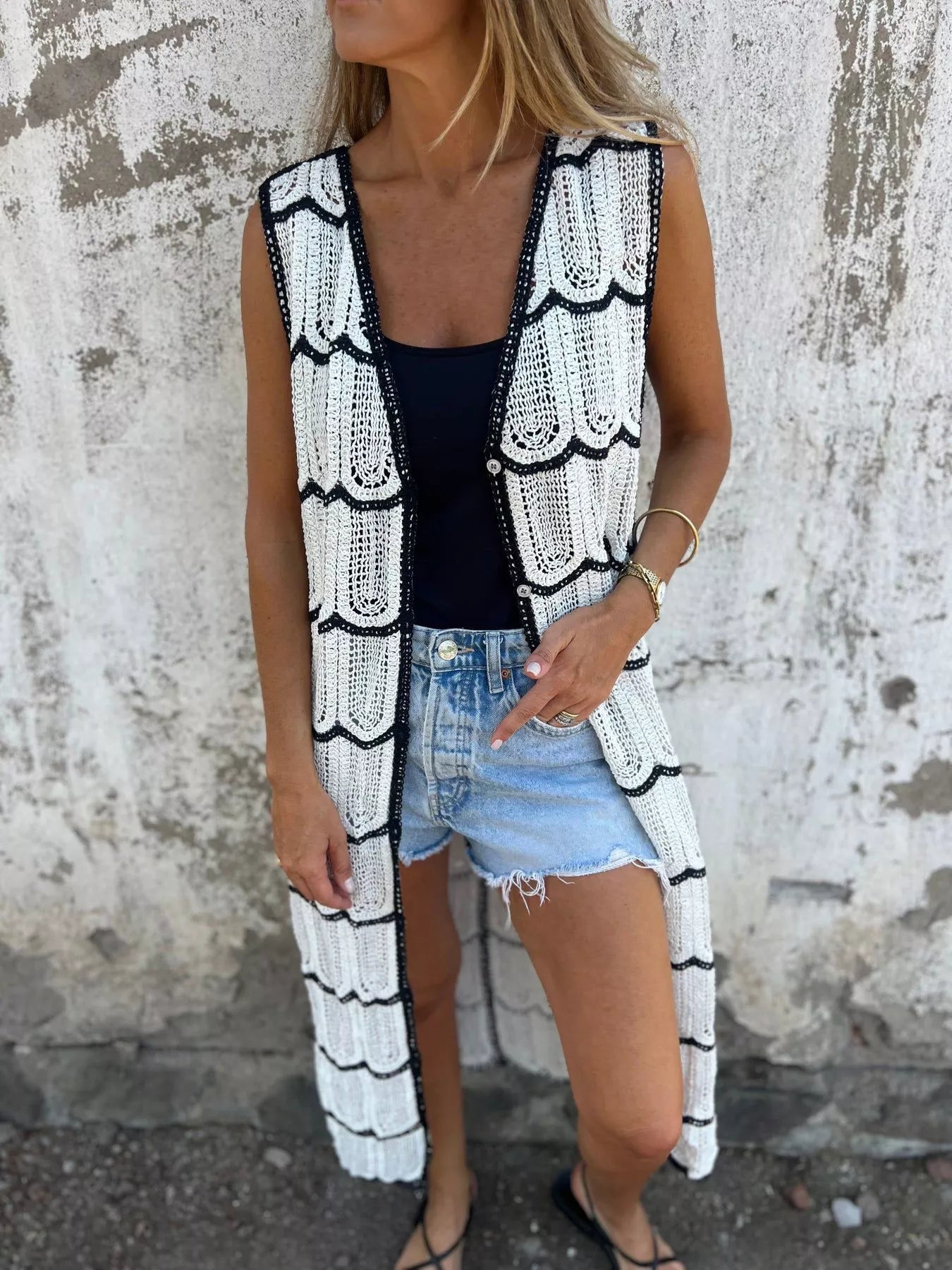 Sleeveless Crochet Longline Cardigan