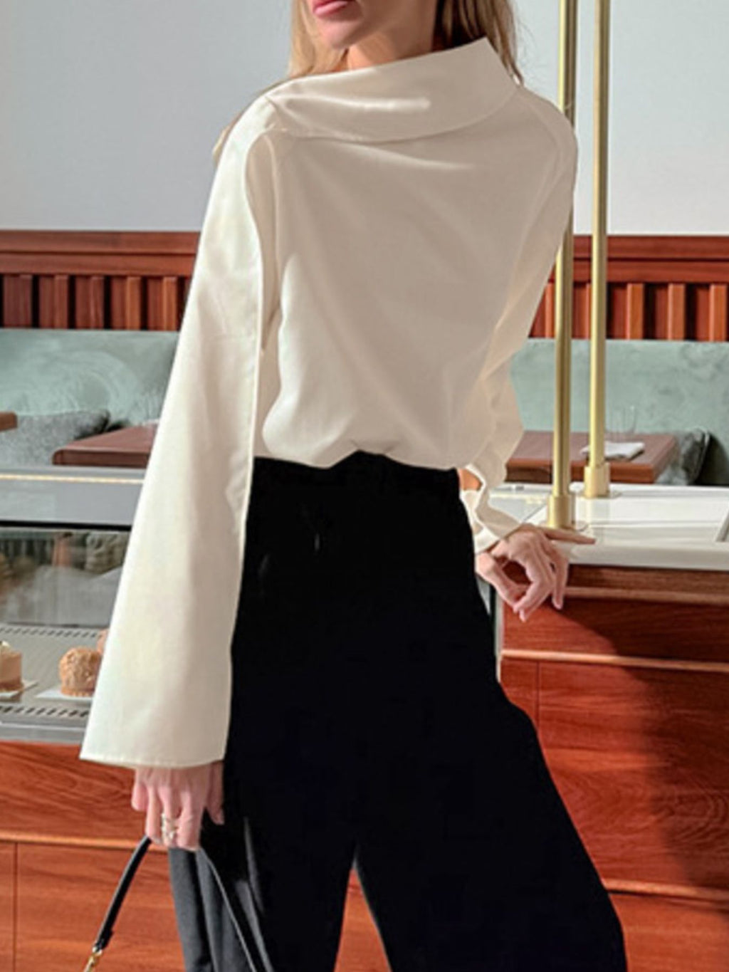 Asymmetrical High Collar Long Sleeve Blouse