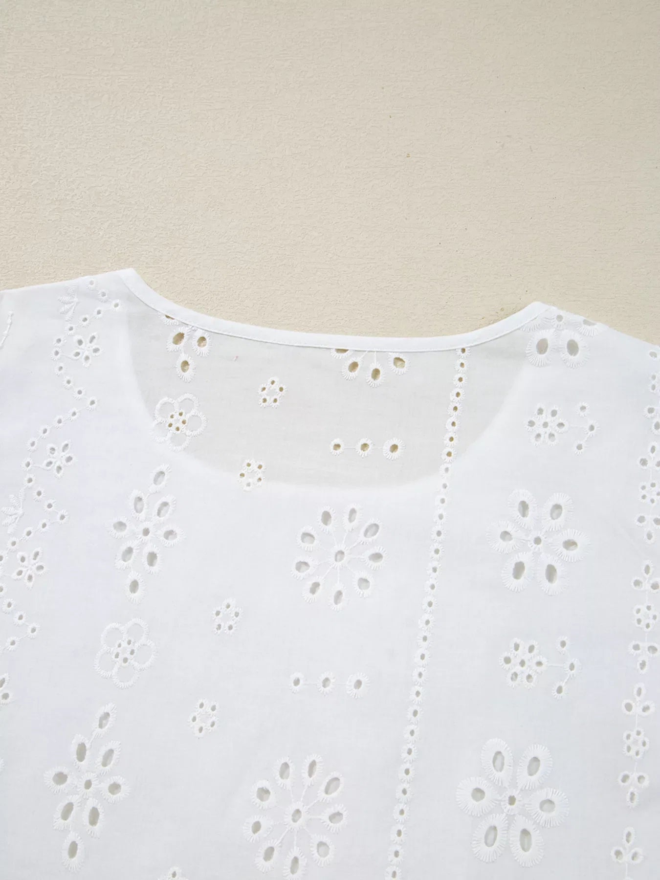 Eyelet Embroidered Smocked Cuff Sheer Blouse