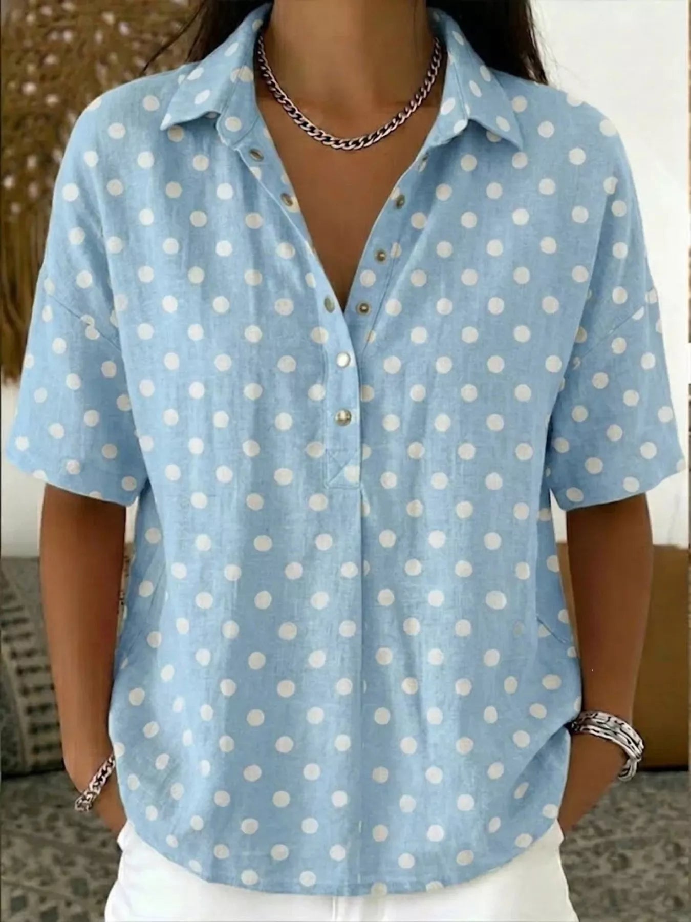 Full Size Polka Dot Short Sleeve Shirt Plus Size