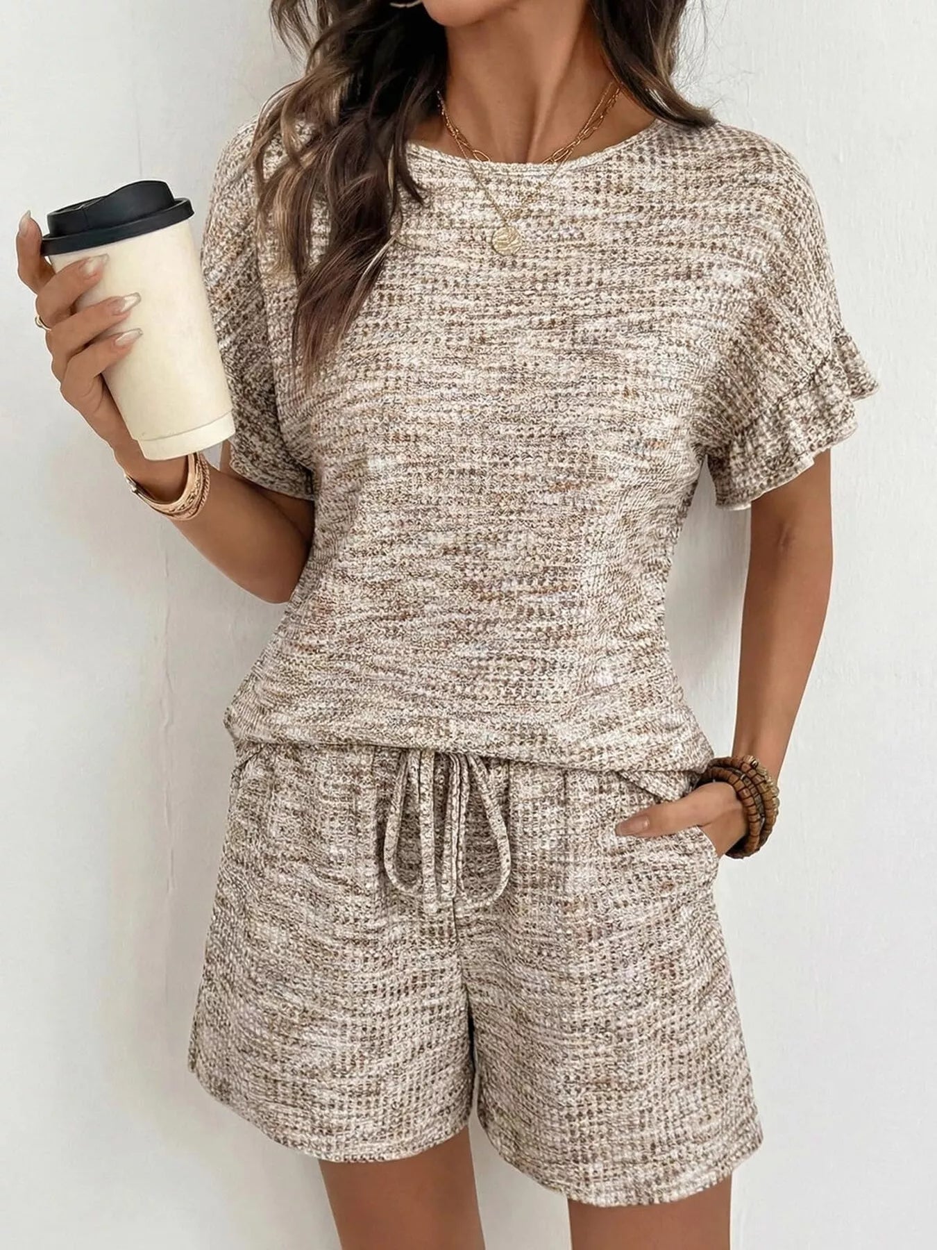 Ruffle Sleeve Textured Top and Shorts Set