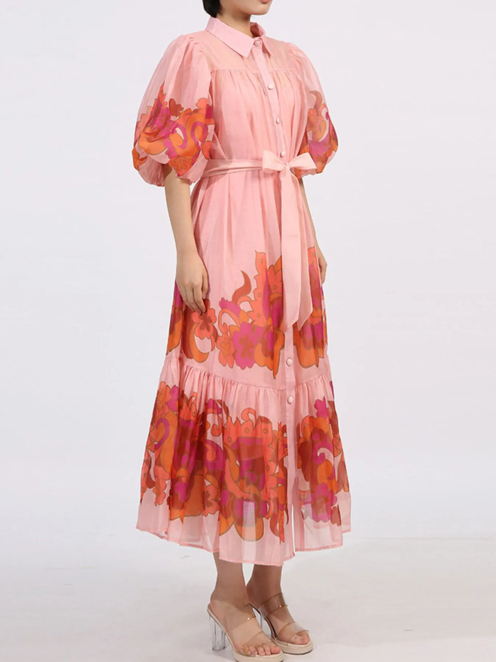 Button Front Puff Sleeve Dress